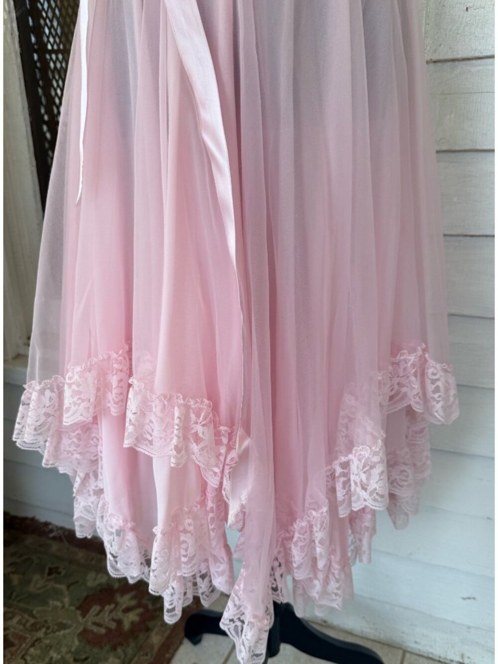 Vintage 80s Bubble Gum Pink Sheer Nylon & Lace Party Dress Balloon Sleeves Sz M - Picture 10 of 16